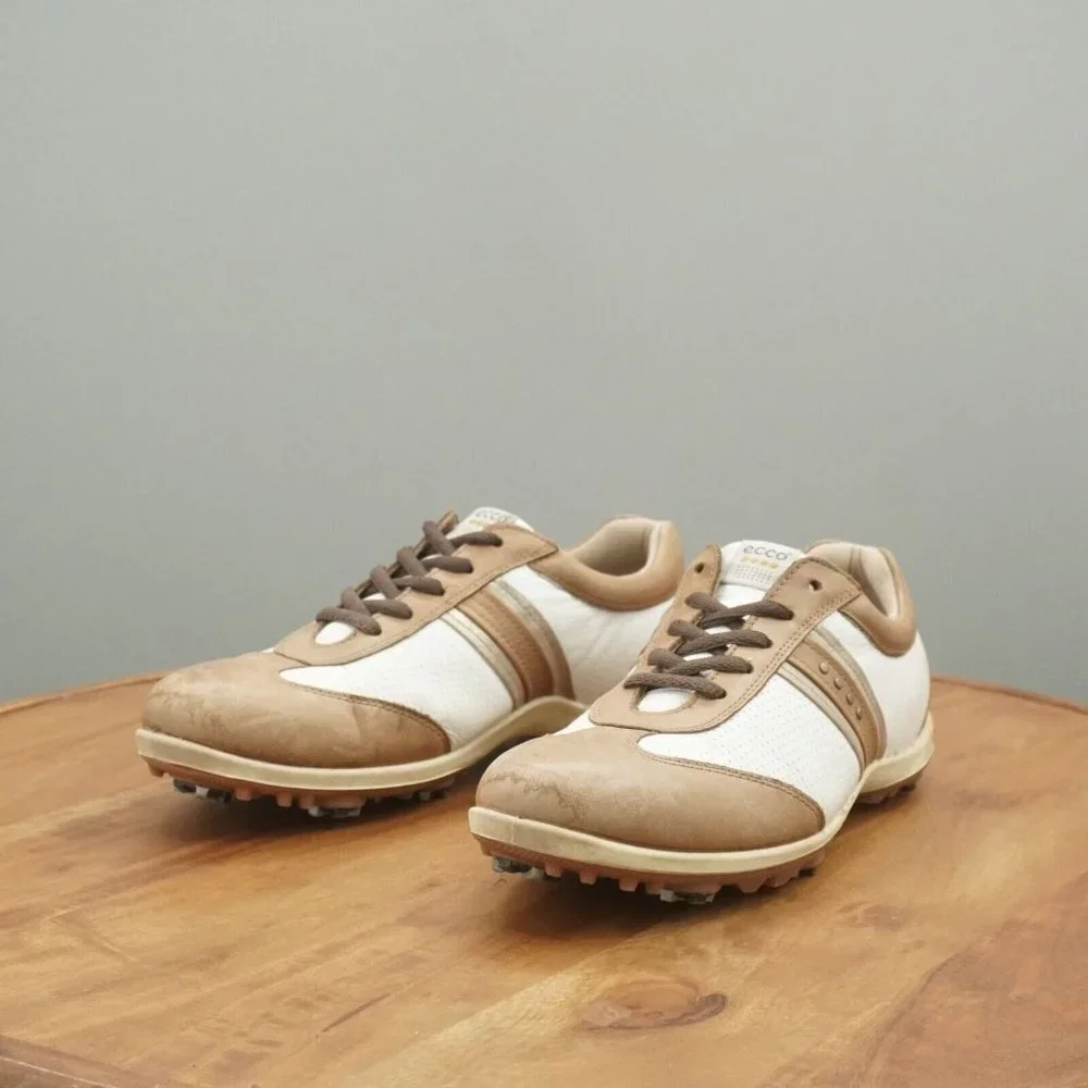 Ecco Womens Golf Shoes White Brown Leather Spiked Waterproof 39 EU / 8 US